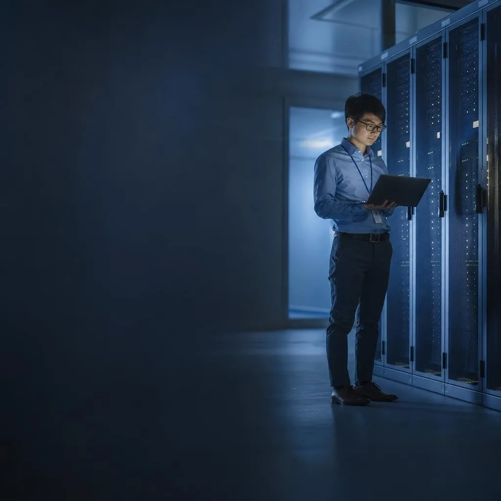 Secure server room with soft blue lighting
