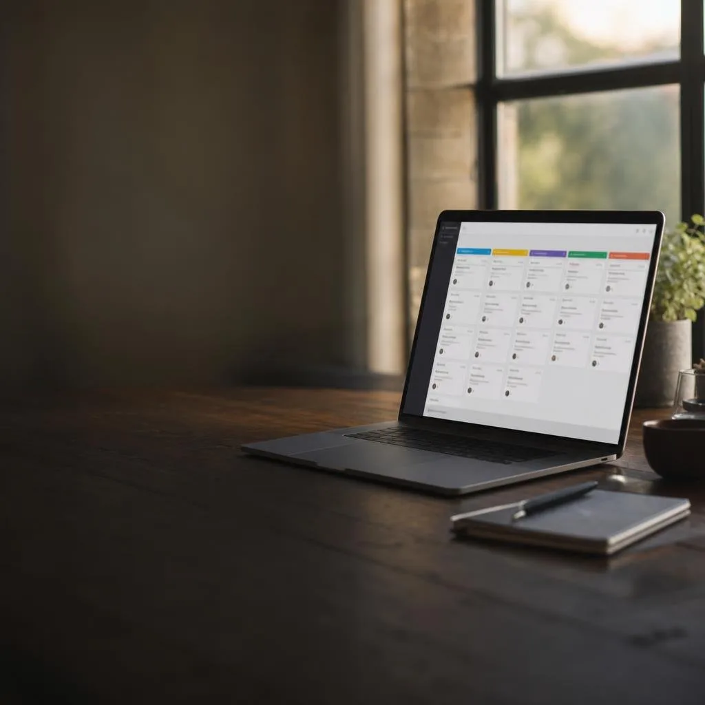 Sales pipeline board with deals by stage on a laptop